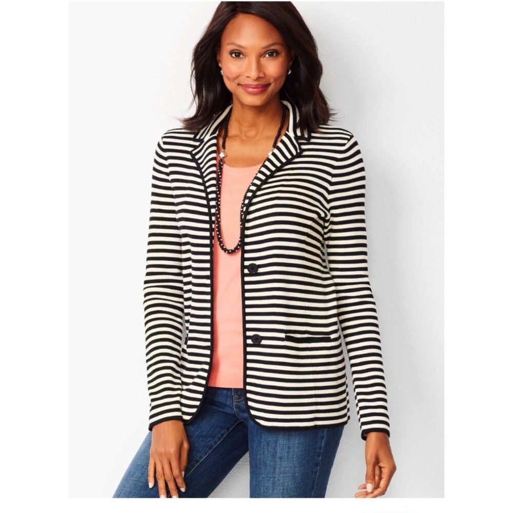 Talbots Womens Striped Blazer Jacket L Black & cream Cotton  Blend Button Front